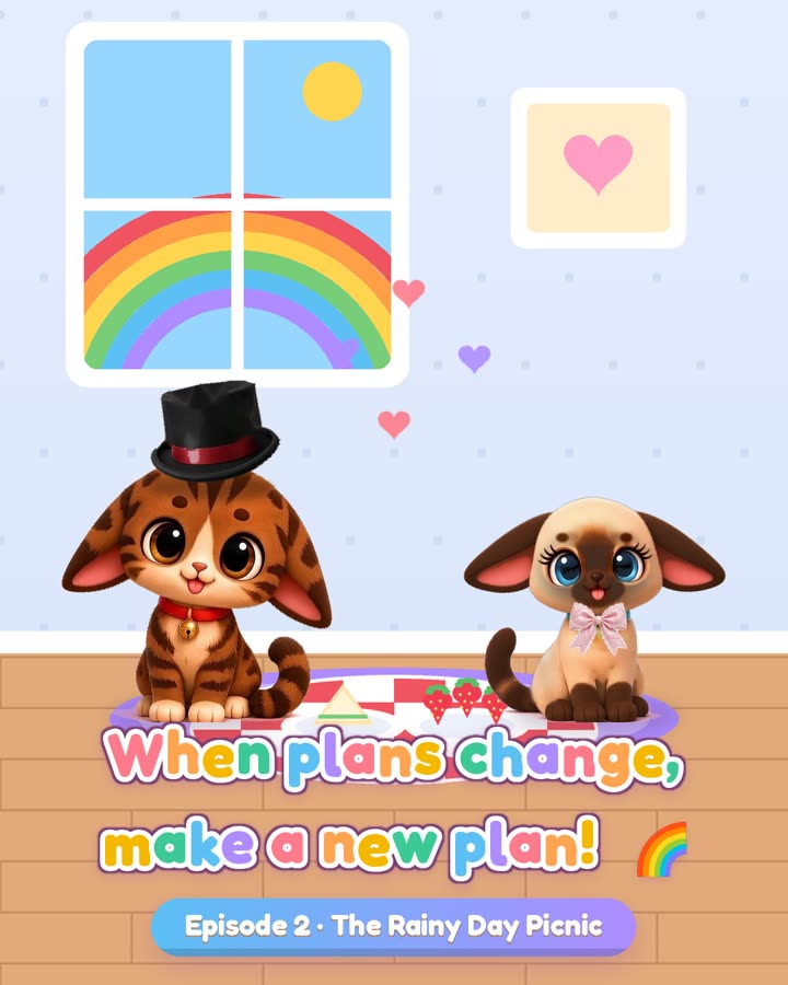 第 2 集《下雨天的野餐》：福兹和可乐坐在室内的野餐垫上，窗外有彩虹，还有一句话：计划变了，就订个新计划！